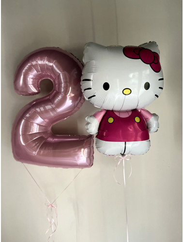Фольгированная розовая цифра два и шар hello kitty